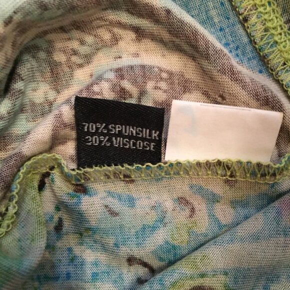 LYNN RITCHIE TOP TEE LONG SLEEVE GREEN BROWN MULTI COLOR PRINTS V-NECK Size M - Picture 6 of 6